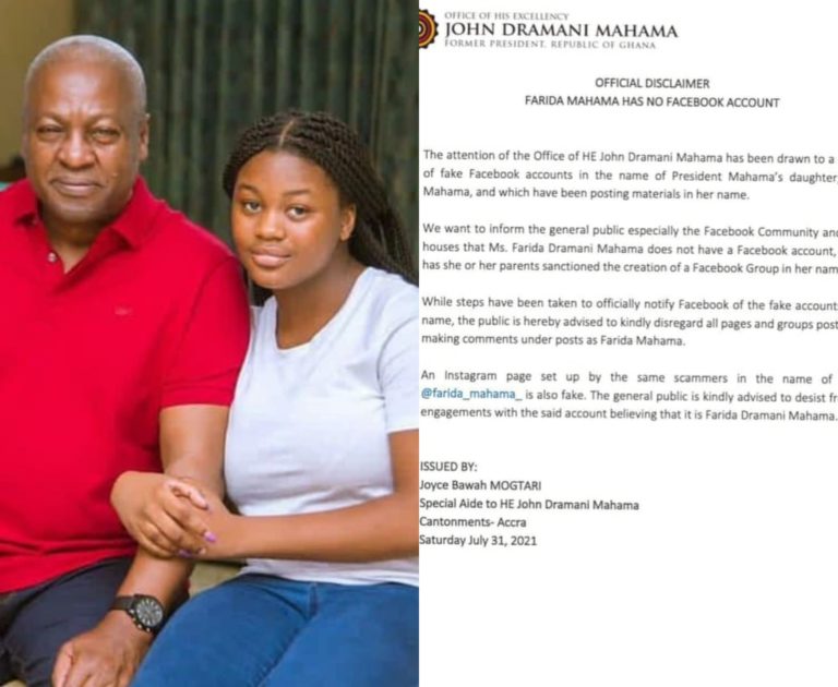 My Daughter Is Not On Social Media, All Those Accounts Were Created By Scammers – Mahama Issues Disclaimer