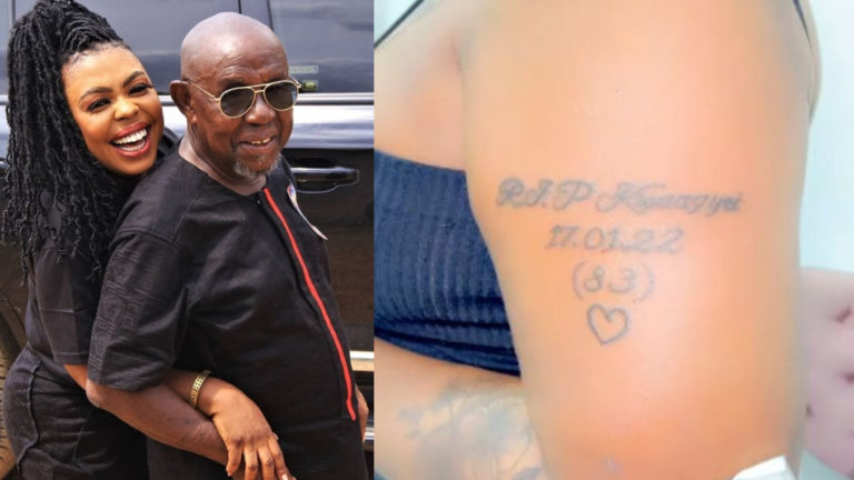 VIDEO: Sad Reactions As Afia Schwarzenegger Tattoos Name Of Her Late Father On Her Shoulders