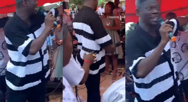 Agya Koo angrily drops mic during funeral performance over ‘Mahama’ chants