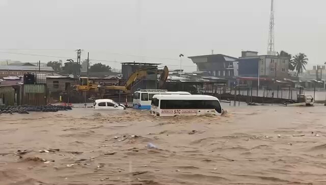STC Bus Swept Away by Heavy Floodwaters at Achimota–Abofu