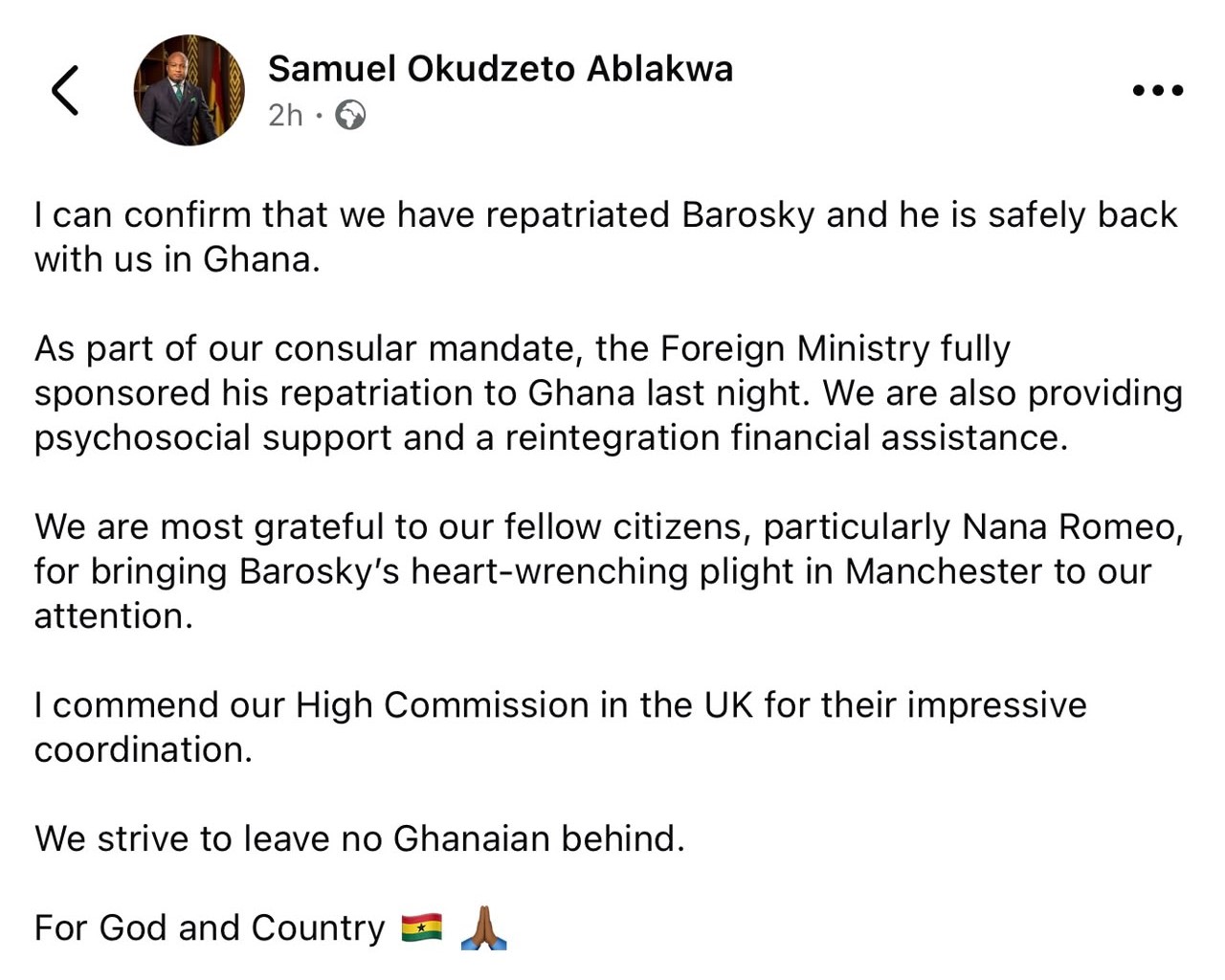 Barosky Is Finally Home! Ablakwa Confirms Repatriation From Manchester to Ghana